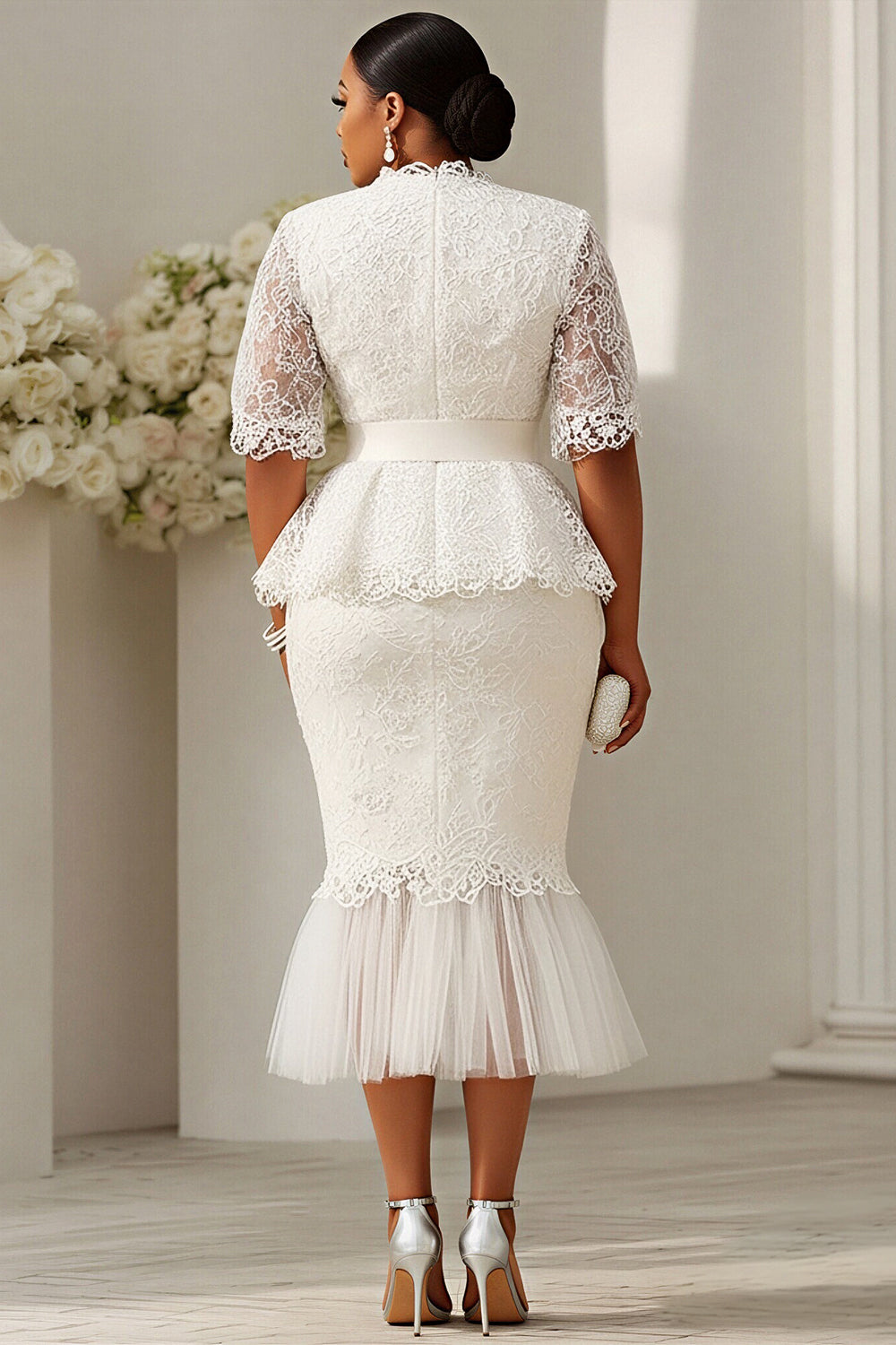 White Short Sleeve Mermaid See Through Lace Two Piece Dress Set