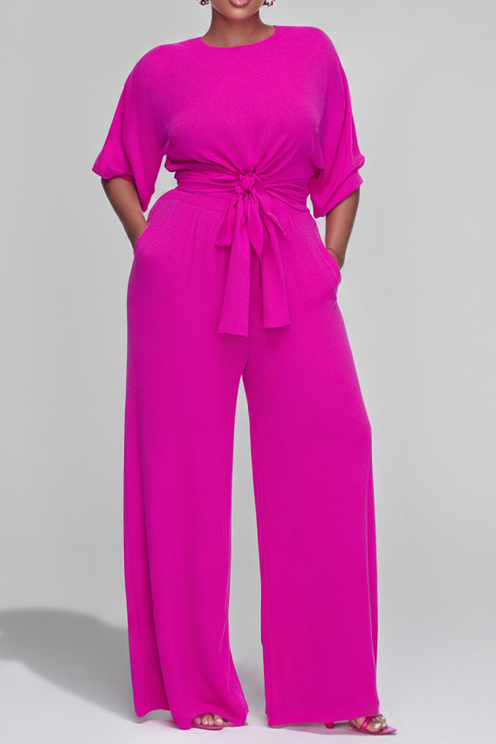 Daily Casual Hot Pink Round Neck Short Sleeve Pocket Fold Two Piece Pant Sets