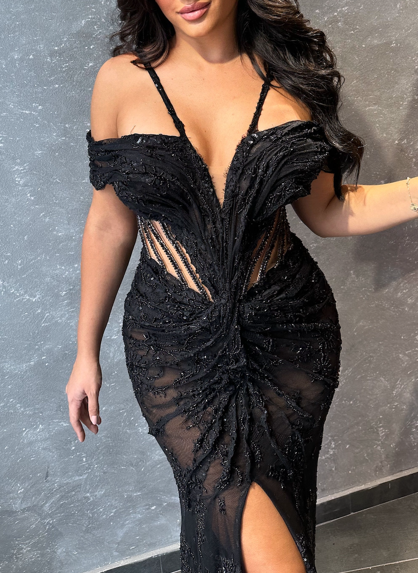 Amethyst/Black Off-the-Shoulder Halter Maxi Dress with Ruched Detail & High Slit