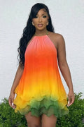 Halter Gradient Color Ruffle Vacation Mini Dresses-Multicolor