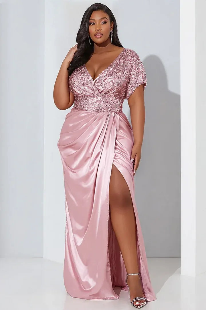Satin Pink Wrap Neck Puff Sleeve Short Sleeve Split Contrast Sequin Maxi Dresses