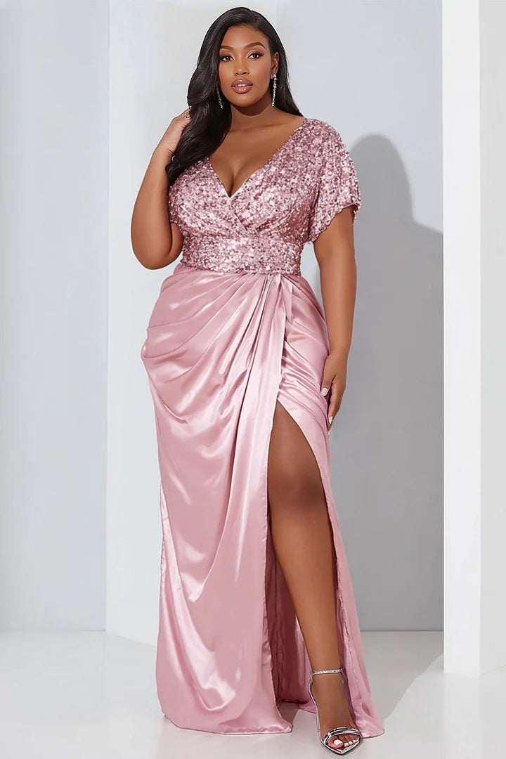Satin Pink Wrap Neck Puff Sleeve Short Sleeve Split Contrast Sequin Maxi Dresses