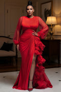Red Round Neck Lantern Sleeve Long Sleeve Ruffle Elegant See Through Tulle Satin Maxi Dresses