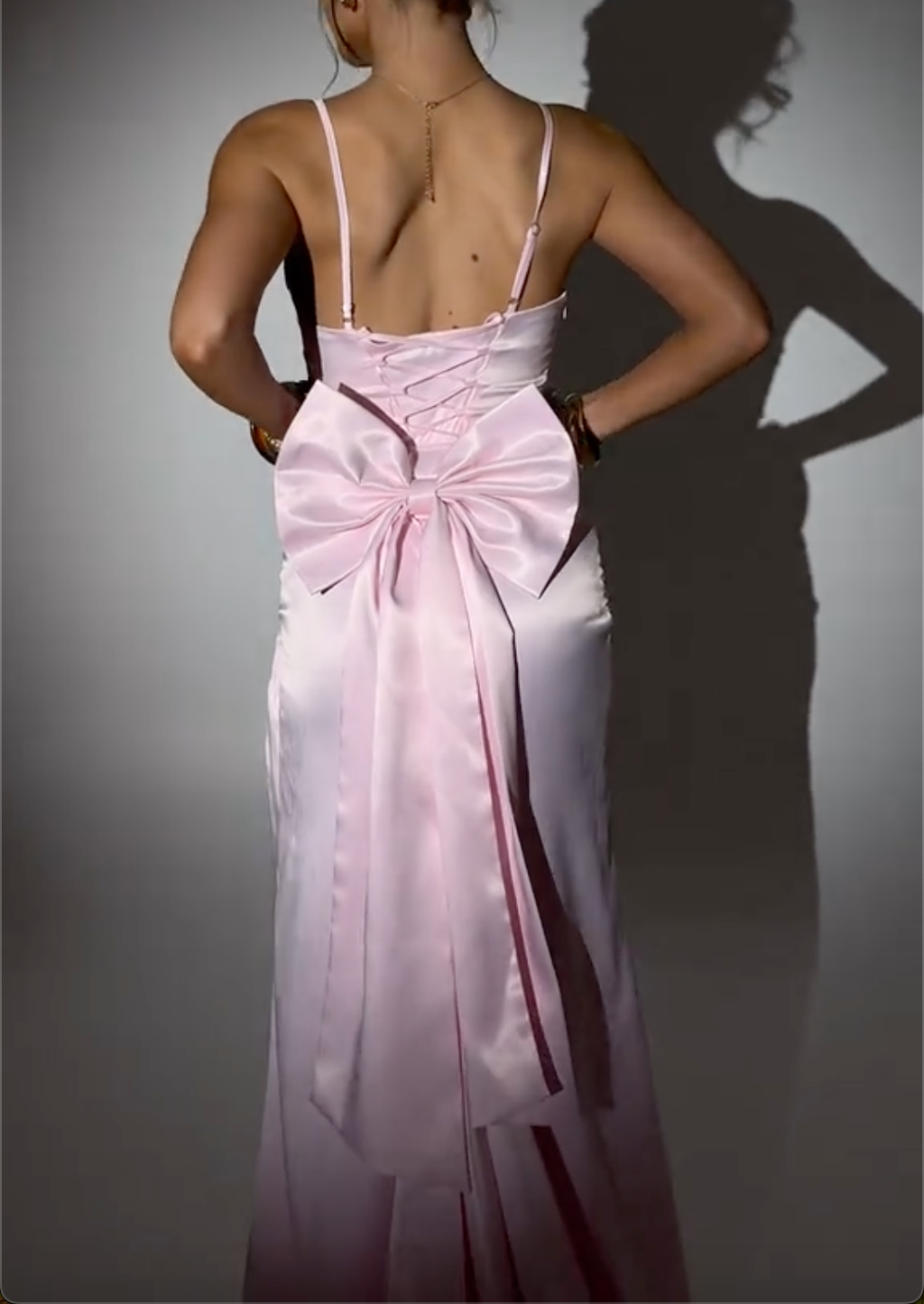 Pink/Blue Satin Maxi Dress with Crystal Straps, Deep V Back & Oversized Bow