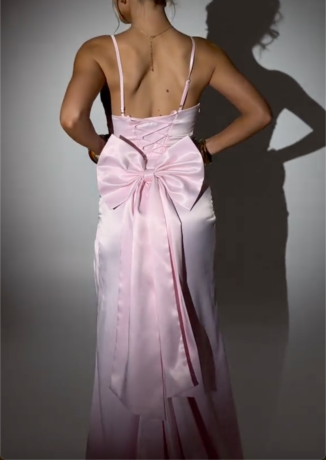 Pink/Blue Satin Maxi Dress with Crystal Straps, Deep V Back & Oversized Bow