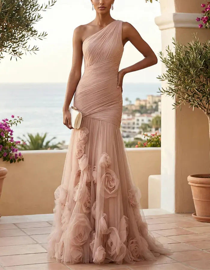 Solid Color One Shoulder 3D Floral Mesh Fishtail Maxi Dress