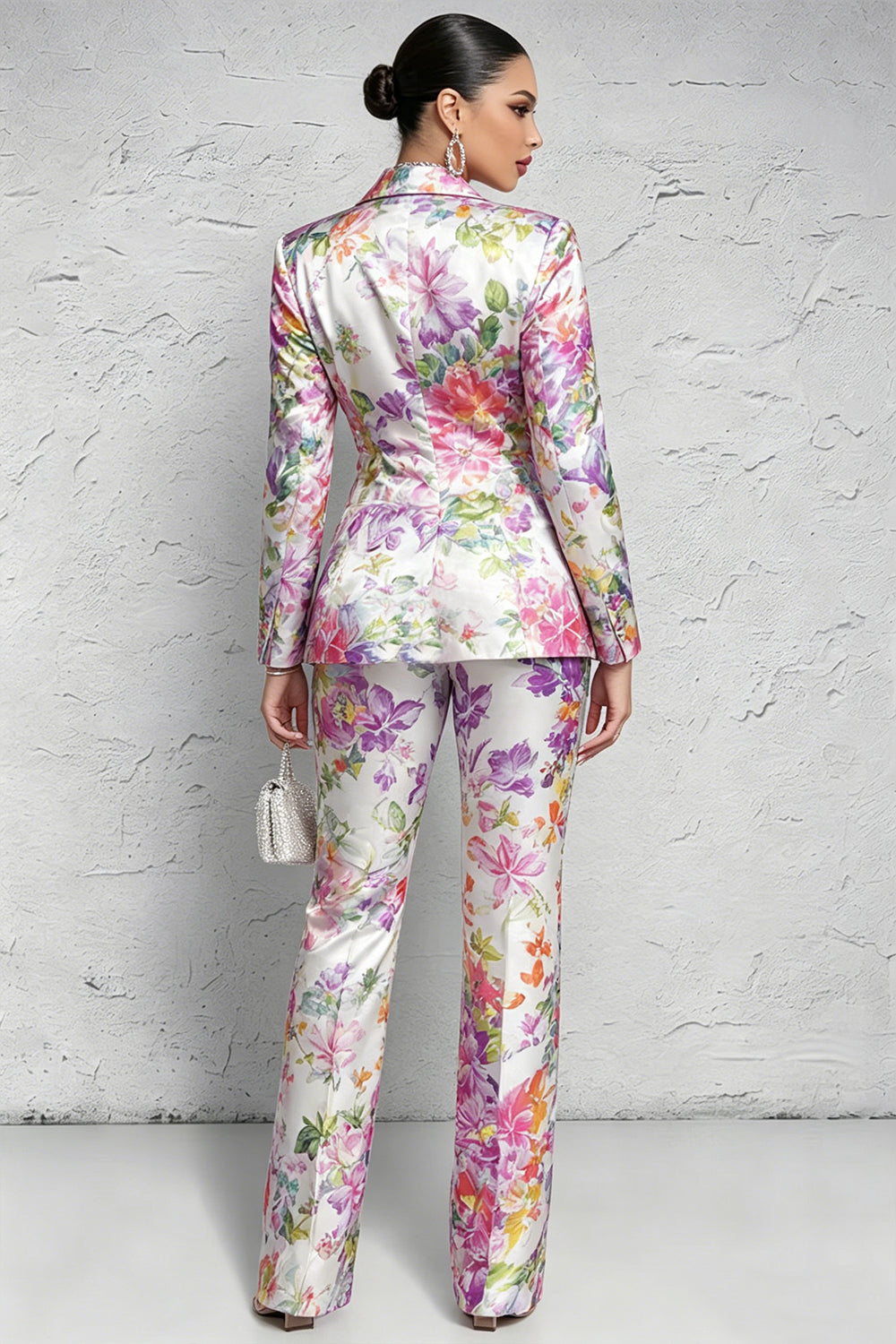 Multicolor Floral Lapel Collar Long Sleeve Pocket Satin Two Piece Pant Suits