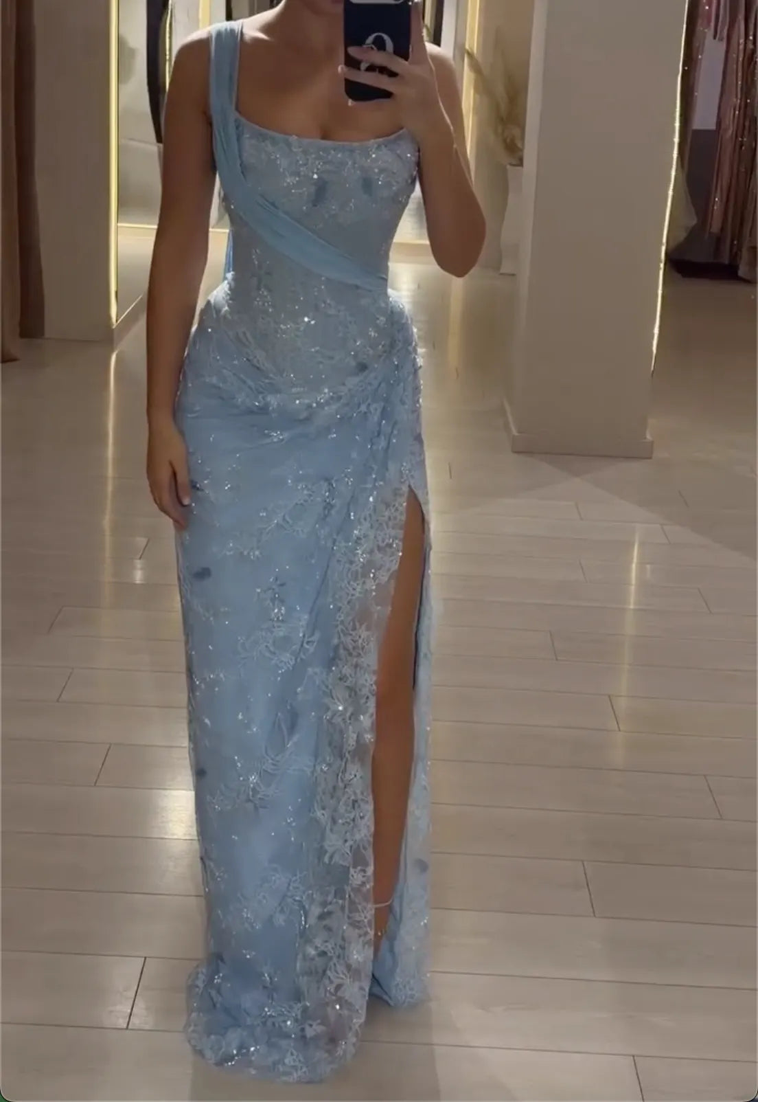 Light Blue One-Shoulder Evening Dress - Beaded Floral Lace Formal Gown