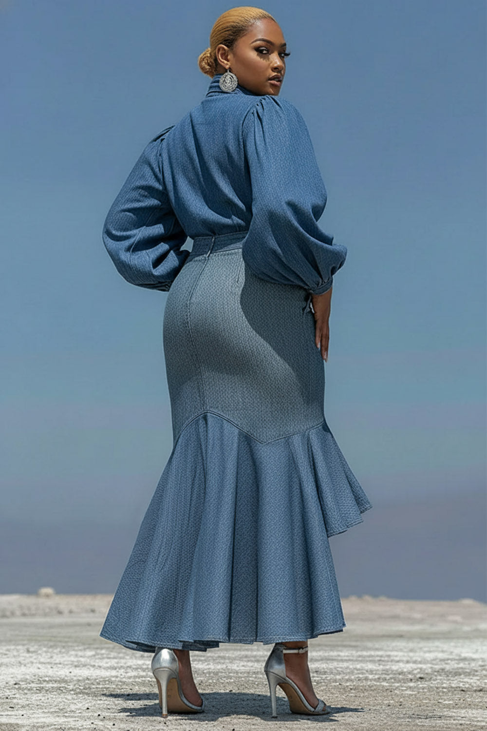 Xpluswear Design Plus Size Cocktail Party Blue Puff Sleeve Long Sleeve Bodycon Elegant Bow Tie Denim Two Piece Skirt Sets