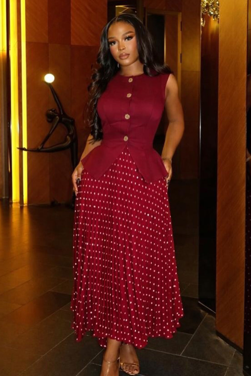 Round Neck Slit Vest Polka Dot Print Pleated Maxi Skirt Casual 2pcs Set-Khaki