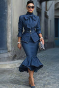 Xpluswear Design Plus Size Business Casual Blue Long Sleeve Bow Tie Elegant Ruffle Tencel Denim Two Piece Skirt Sets