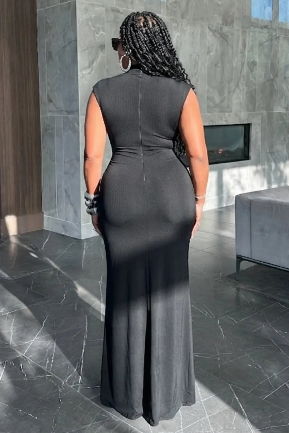 Mock Neck Cap Sleeve Cut Out High Slit Casual Maxi Dresses-Black [Pre Order]