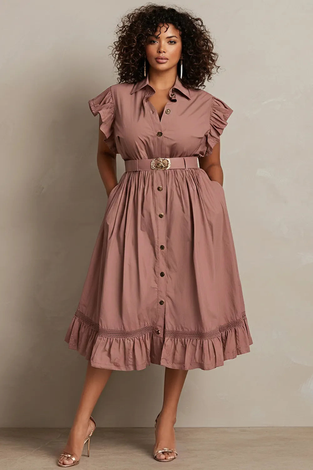 Business Casual Pink Shirt Collar Flutter Sleeve Ruffle Pocket Midi Dresses