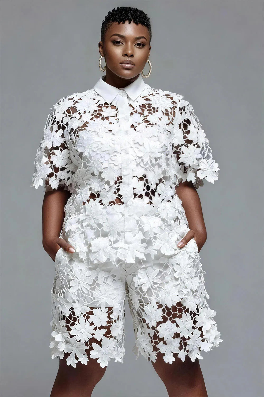 Daily Casual White Shirt Collar Short Sleeve Pocket Contrast Lace Two Piece Short Sets