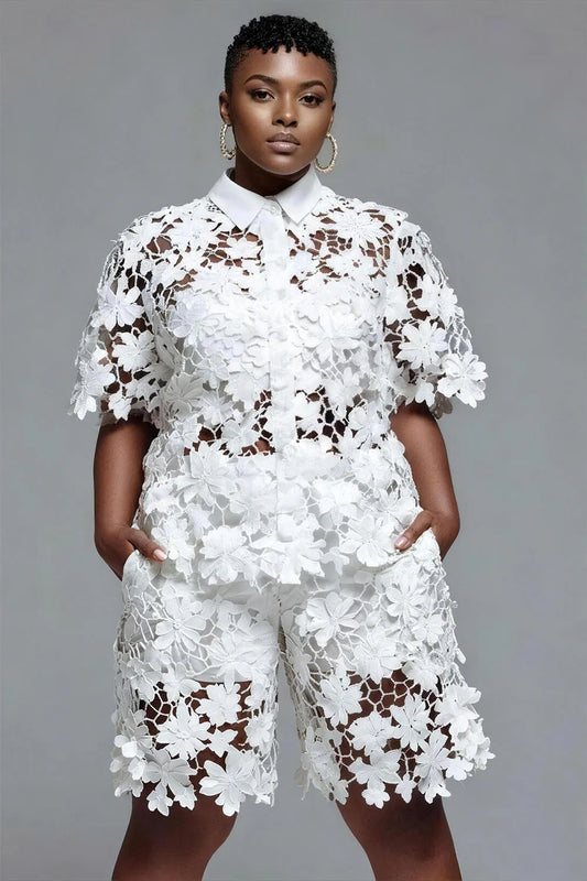 Daily Casual White Shirt Collar Short Sleeve Pocket Contrast Lace Two Piece Short Sets