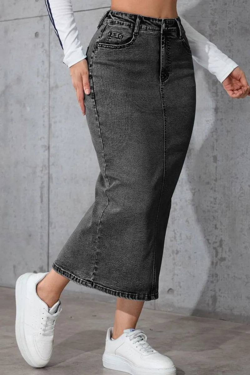 Ladies High-Waist Slimming Mid-Length Denim Skirt