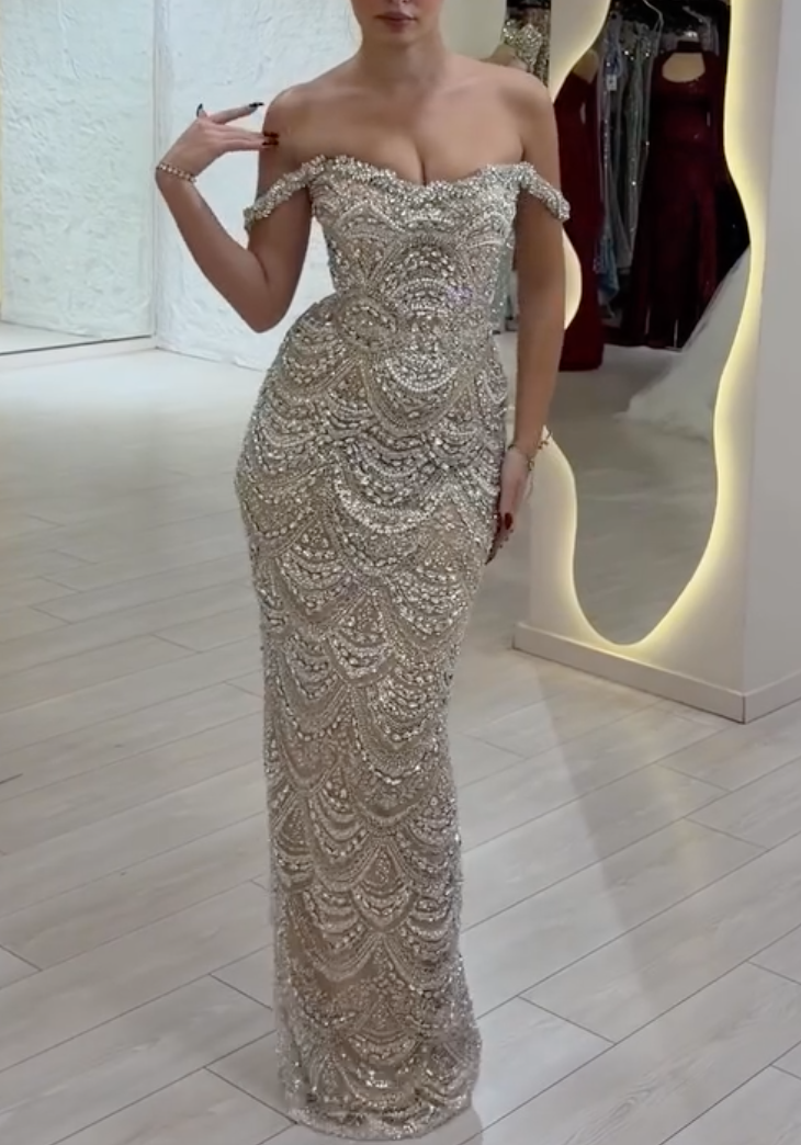 Silver Beaded Off-the-Shoulder Maxi Dress