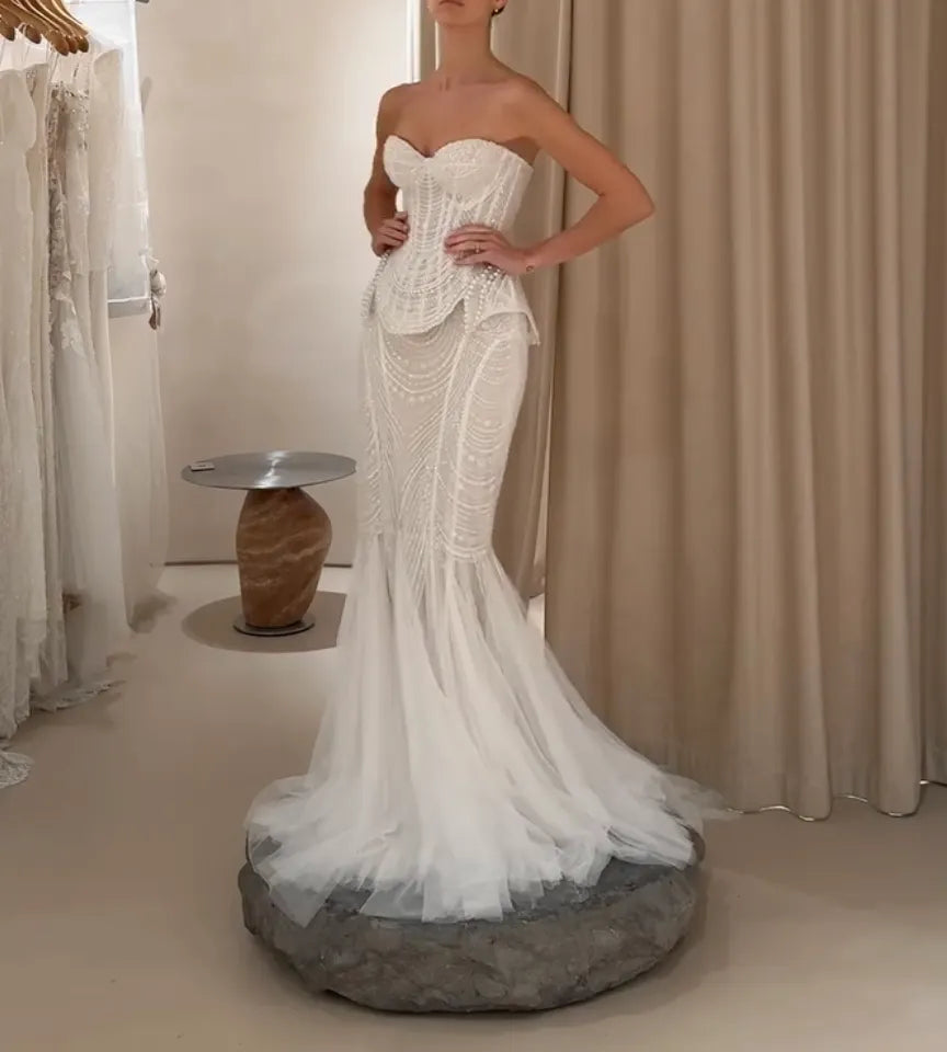 Sweetheart Strapless Corset Wedding Dress, 2 Styles A-Line Lace / Mermaid Beaded Bridal Gown With Peplum