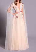 Nude Tulle Plunge Neck Gown with Floral Embroidery & Cape Sleeves