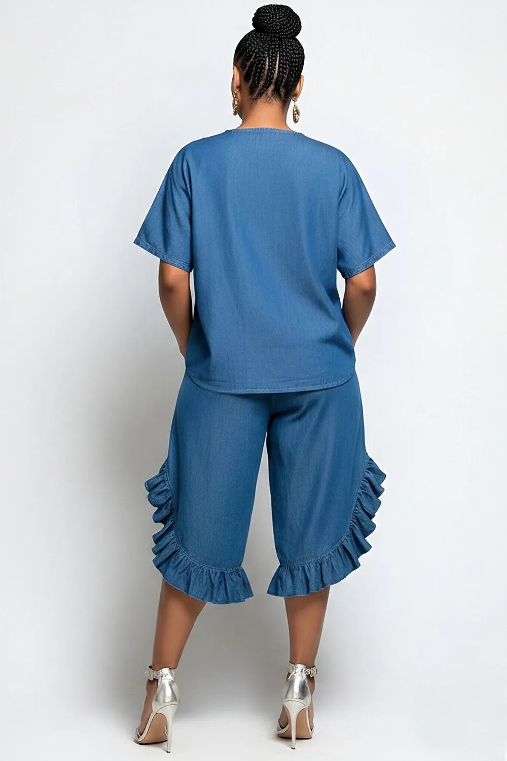 Xpluswear Design Plus Size Daily Blue Round Neck Short Sleeve Ruffle 3D Tencel Denim Two Piece Short Sets [Pre-Order]
