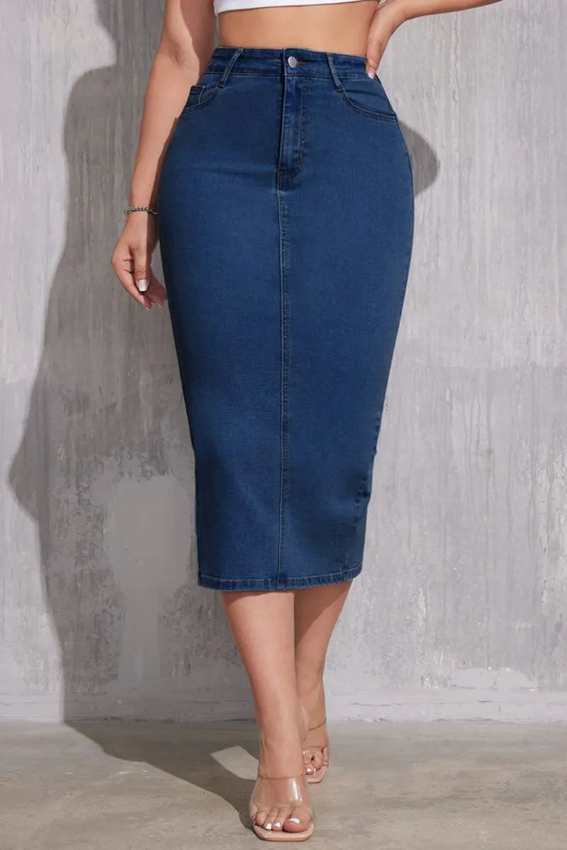 Ladies High-Waist Slimming Mid-Length Denim Skirt