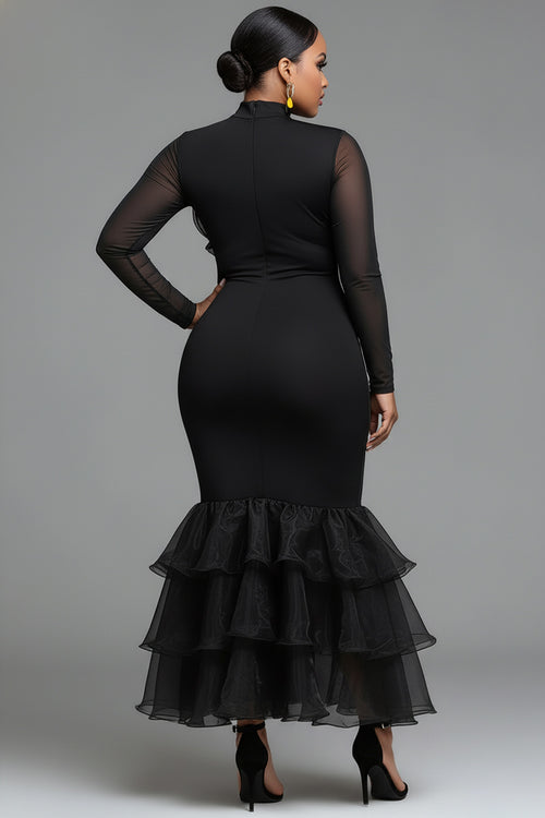 Black Mock Neck Long Sleeve Bodycon Elegant 3D Knitted Maxi Dresses