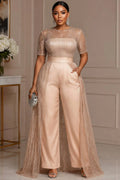 Satin Champagne Round Neck Short Sleeve With Skirt Overlay Pocket Tulle Jumpsuits [Pre-Order]