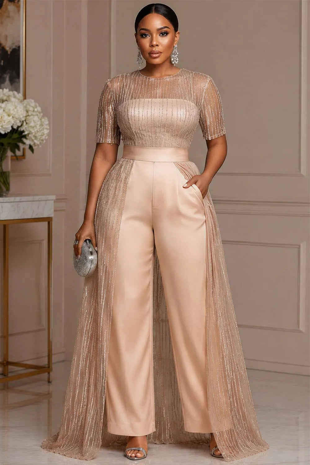 Satin Champagne Round Neck Short Sleeve With Skirt Overlay Pocket Tulle Jumpsuits [Pre-Order]