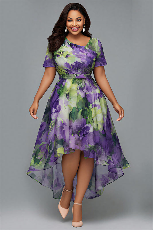 Cocktail Party Purple Floral Asymmetrical Collar Short Sleeve Asymmetric Hem Irregular Hem Chiffon Midi Dresses