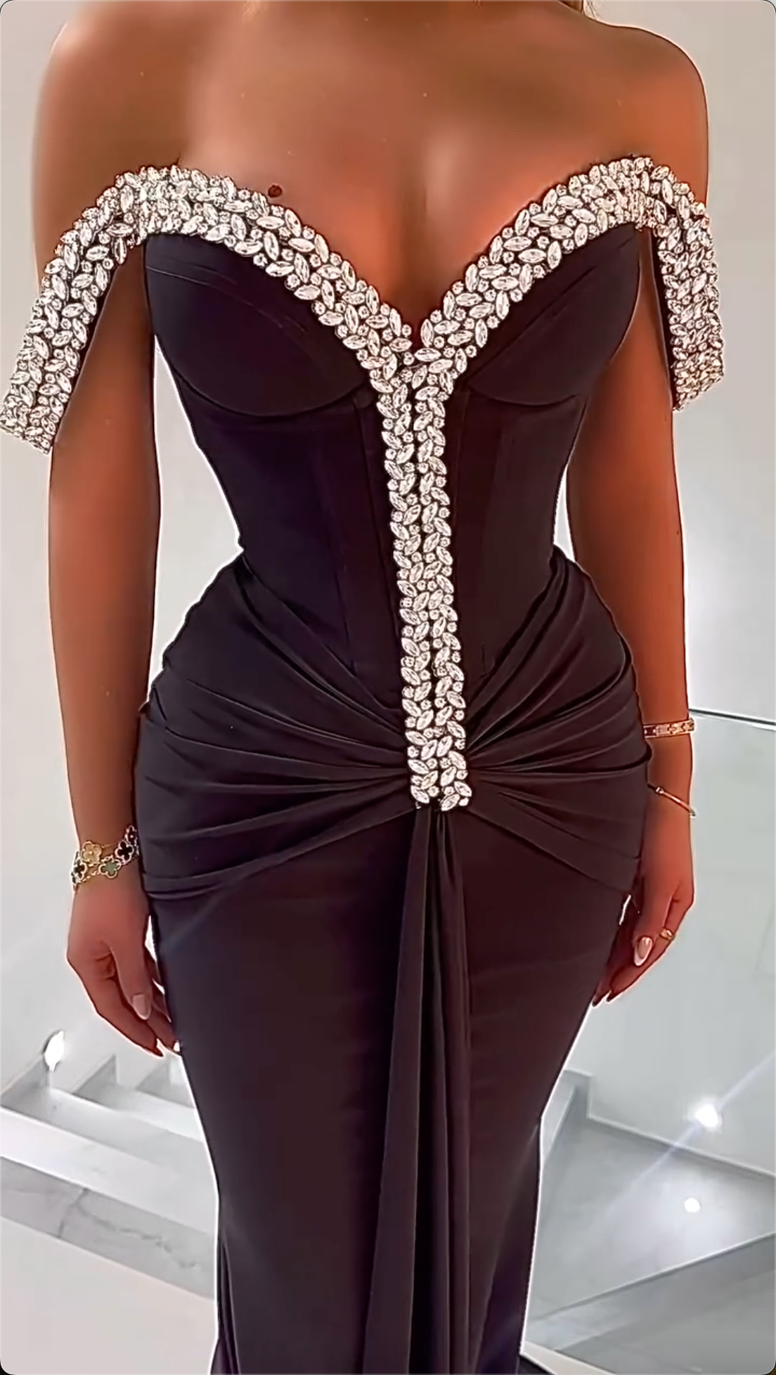 Stunning Black Off-Shoulder Crystal Mermaid Maxi Dress