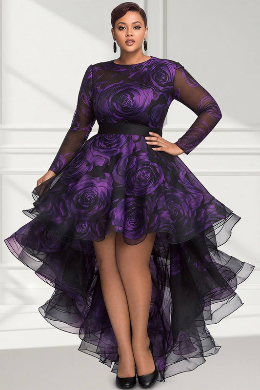 Cocktail Party Purple Floral Round Neck Long Sleeve High Low Hem Ruffle Organza Mini Dresses