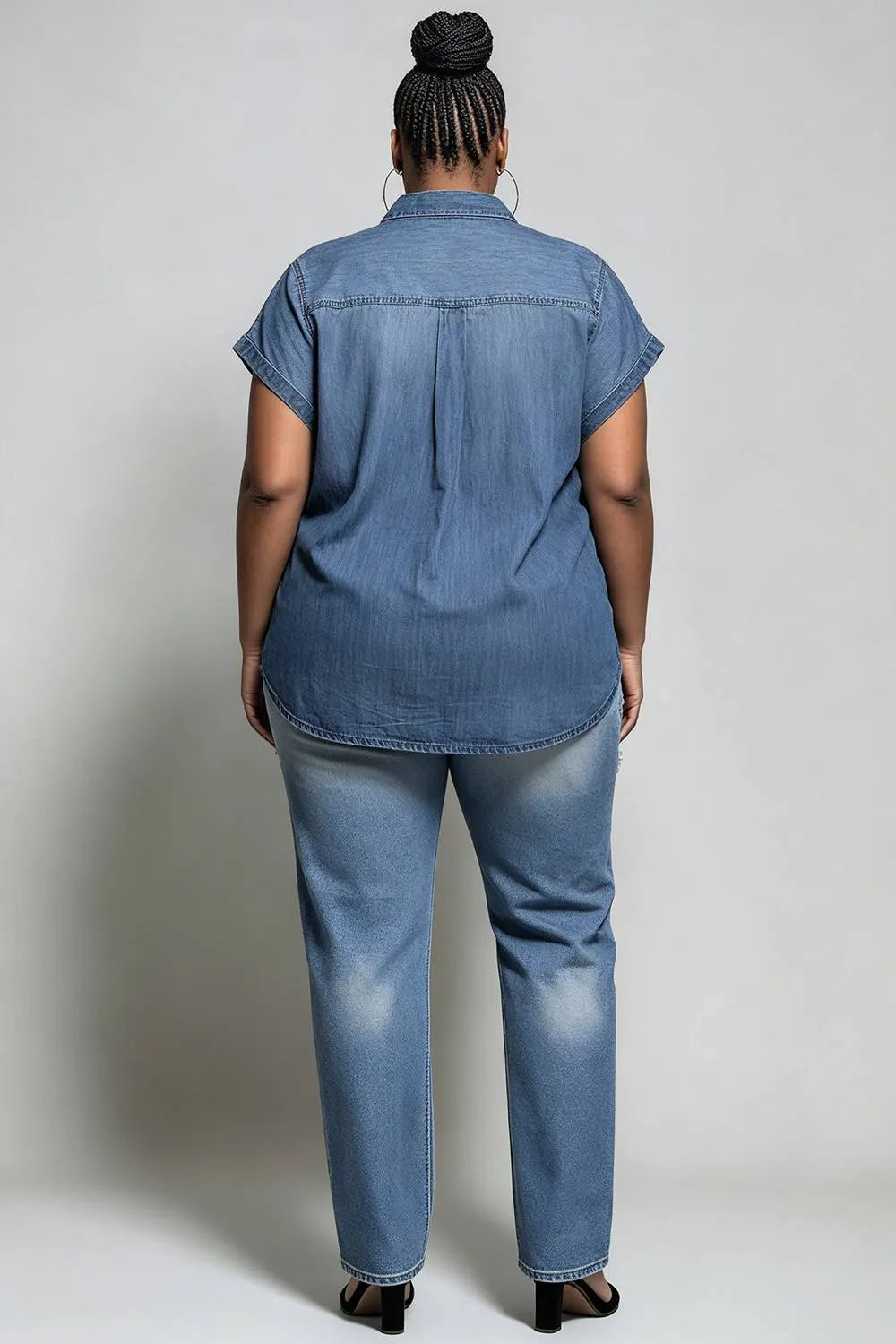 Xpluswear Design Plus Size Business Casual Sequin Blue Shirt Collar Short Sleeve Strappy See Through Tencel Denim Blouses [Pre-Order]