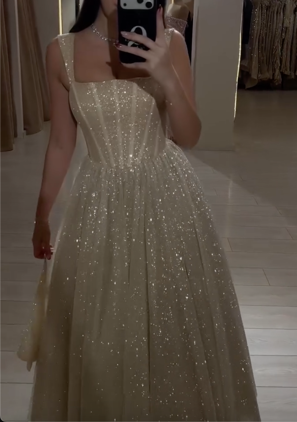 Ivory/Champagne Glitter Tulle Midi Dress with Square Neck & Corset Bodice