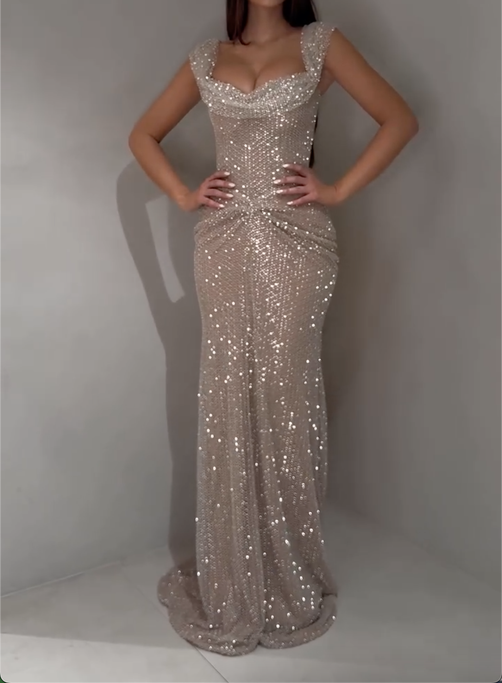 Champagne Sweetheart Neck Mermaid Evening Gown - All-Over Sequin Formal Dress