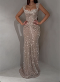 Champagne Sweetheart Neck Mermaid Evening Gown - All-Over Sequin Formal Dress