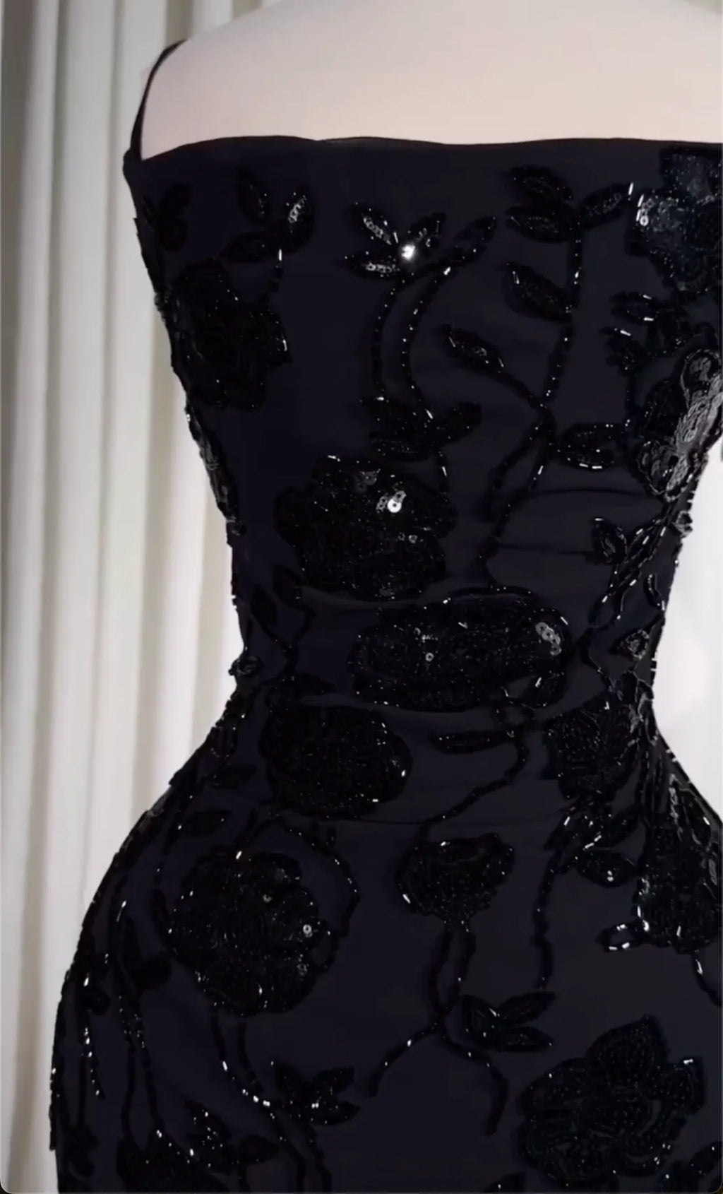 Black Floral Sequin Strapless Mermaid Maxi Dress with Capelet - Formal Evening Gown