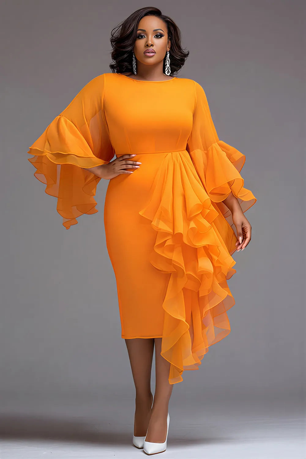 Cocktail Party Orange Round Neck Flare 3/4 Sleeve Ruffle Bodycon Chiffon Midi Dresses