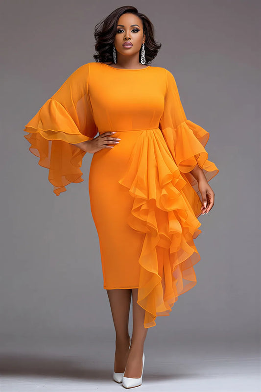 Cocktail Party Orange Round Neck Flare 3/4 Sleeve Ruffle Bodycon Chiffon Midi Dresses