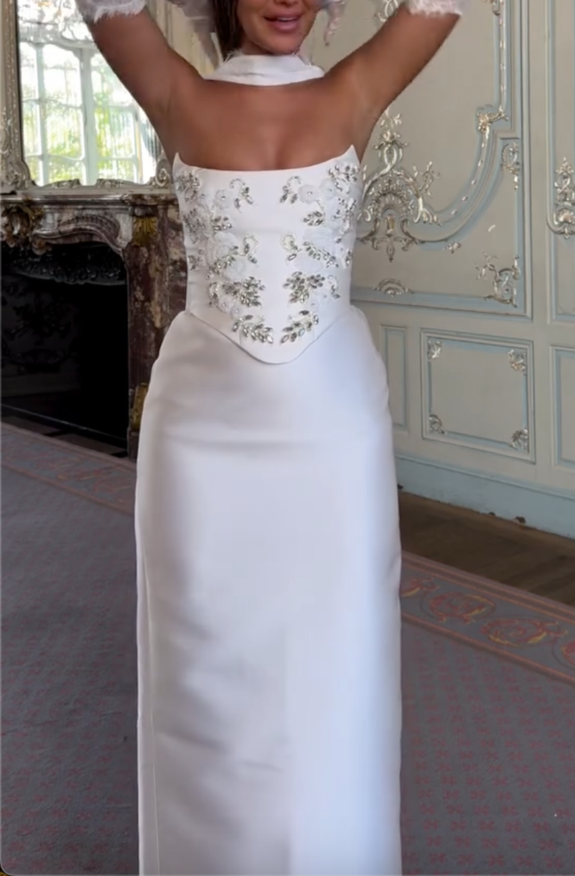 White Strapless Convertible Maxi Dress with Crystal Embellishments