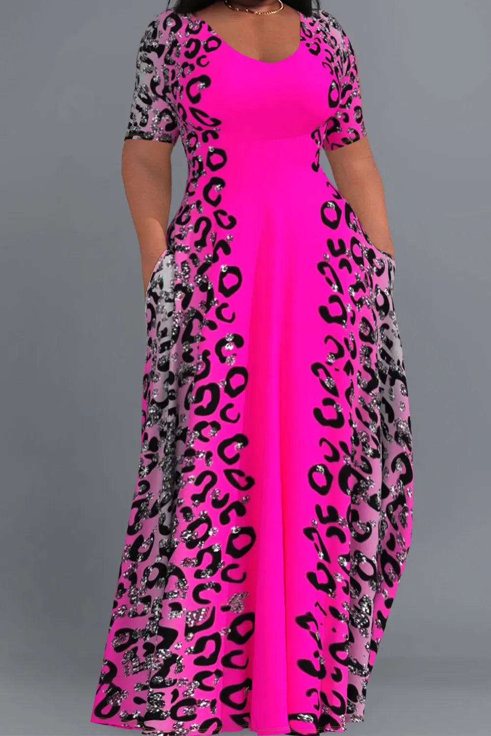 Casual Hot Pink Leopard Short Sleeve With Pockets Maxi Dress