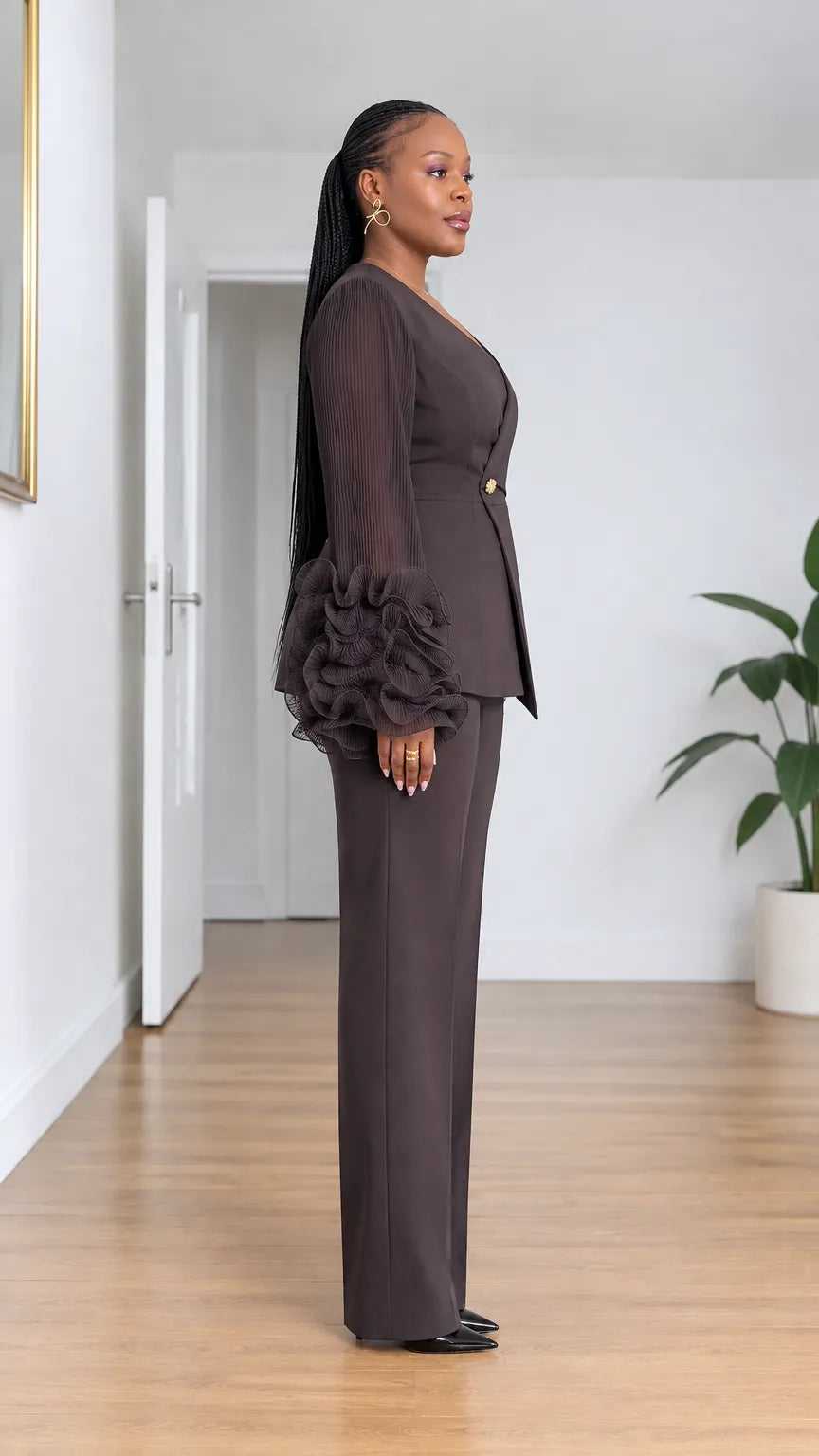 Women's Elegant Ruffle Sleeve Pant Suit Set with Asymmetrical Blazer and Tailored Trousers