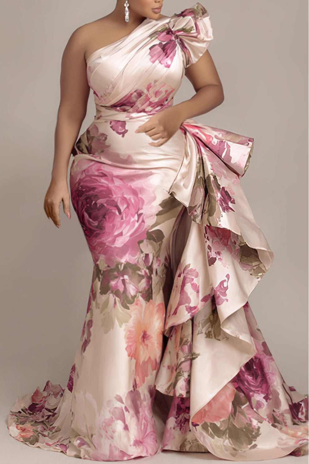 Floral One-Shoulder Ruffle Mermaid Gown –  Elegance