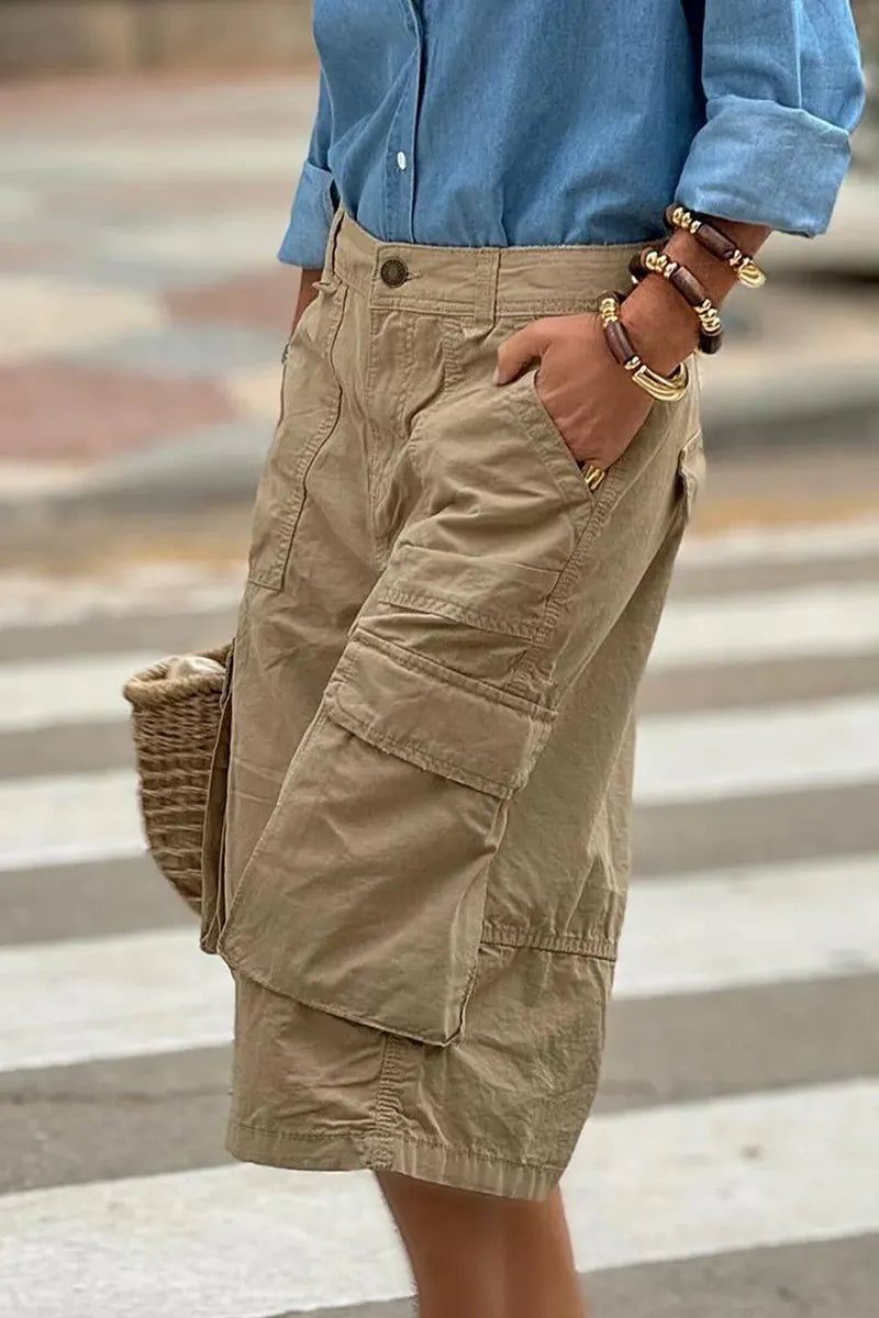 Women High Rise Side Flap Cargo Pockets Loose Straight Cropped Wide Leg Culotte Trousers
