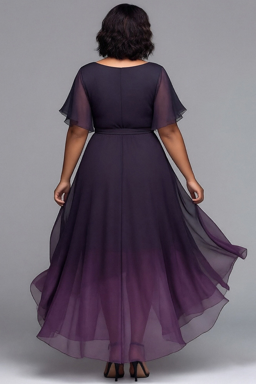 Cocktail Party Black Gradient Round Neck Short Sleeve Asymmetric Hem Irregular Hem Chiffon Midi Dresses