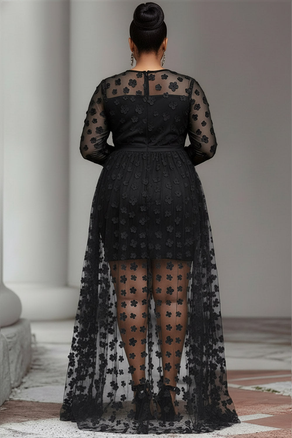 Party Red Round Neck Long Sleeve High Low Hem Elegant See Through Tulle Mini Dresses