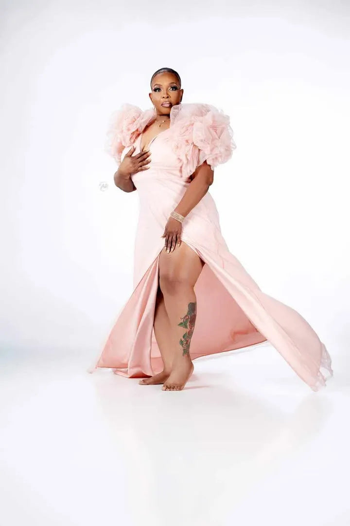 Pink Split Joint V Neck Tulle Ruffle Trailing Maxi Dress