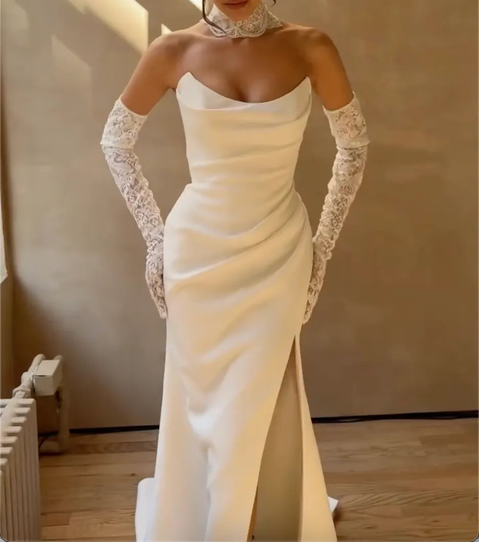 Strapless Cowl Neck Satin Mermaid Wedding Dress High Slit Bridal Gown With Detachable Lace Gloves
