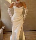 Strapless Cowl Neck Satin Mermaid Wedding Dress High Slit Bridal Gown With Detachable Lace Gloves