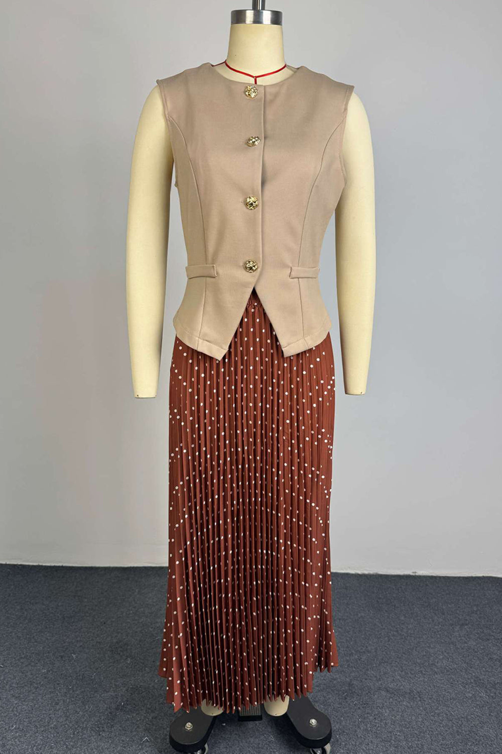 Round Neck Slit Vest Polka Dot Print Pleated Maxi Skirt Casual 2pcs Set-Khaki