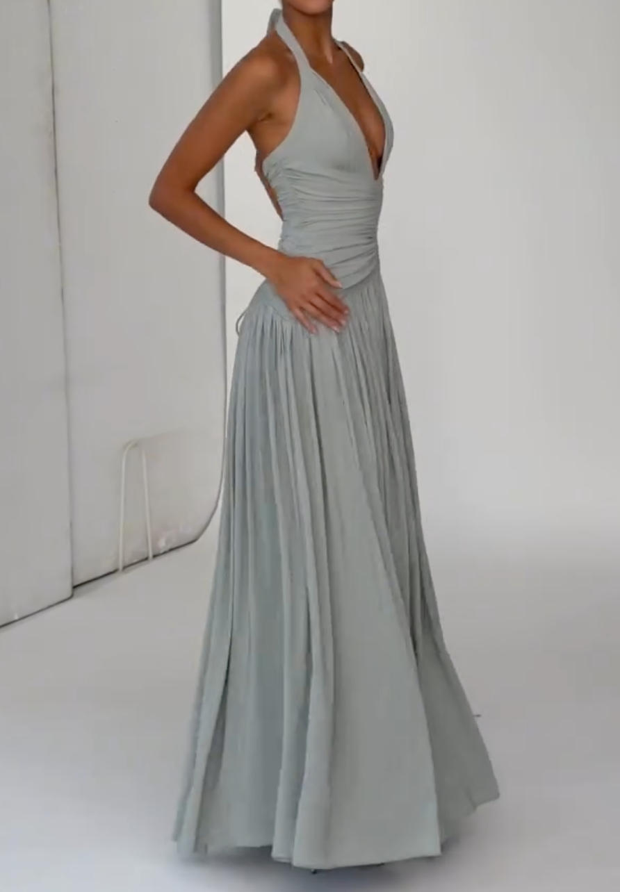 Sage Green Ruched Halter Maxi Dress with Lace-Up Back & High Slit